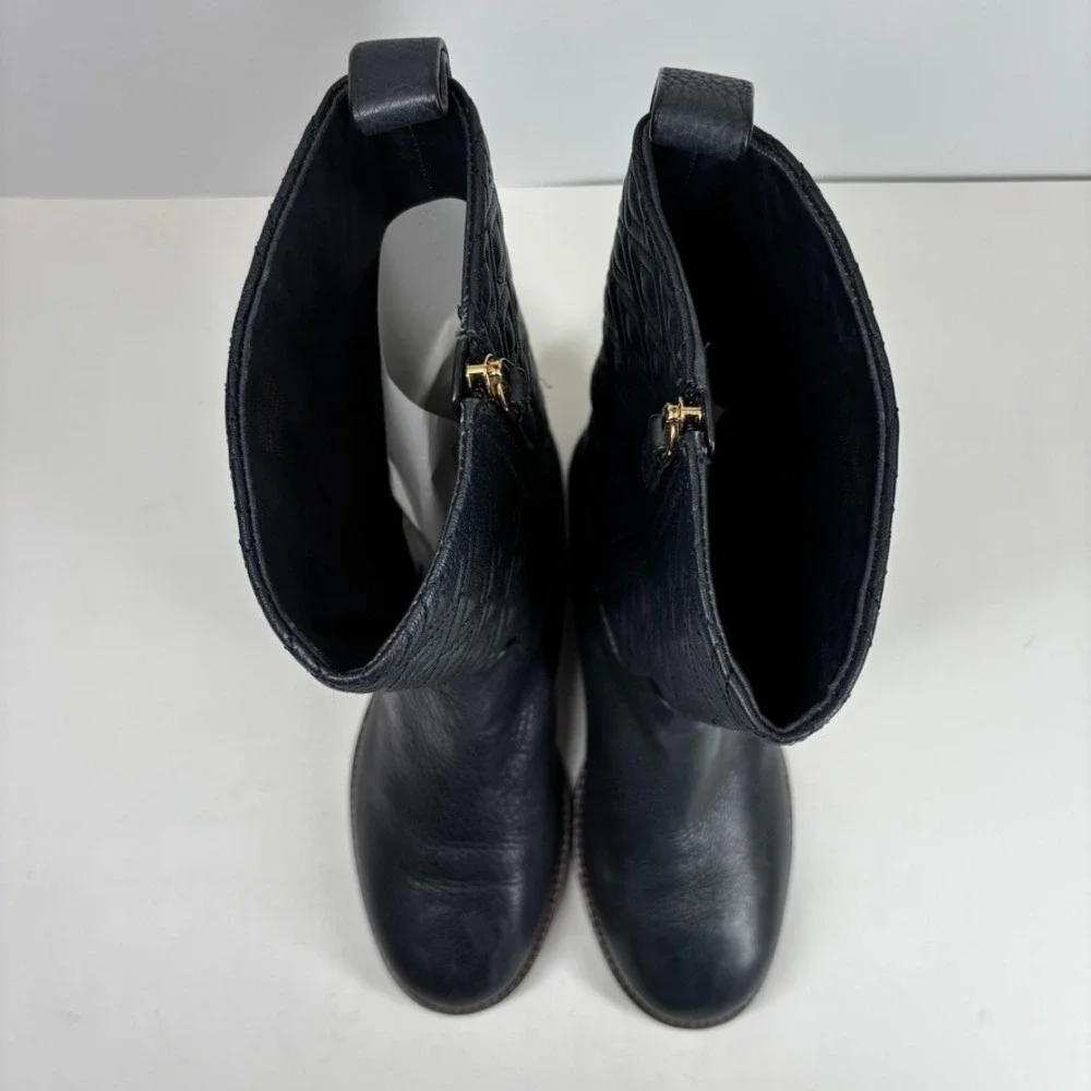 Tory Burch Marion Women's US 8M Quilted Black Leather Mid-Calf‎ Boots Equestrian
